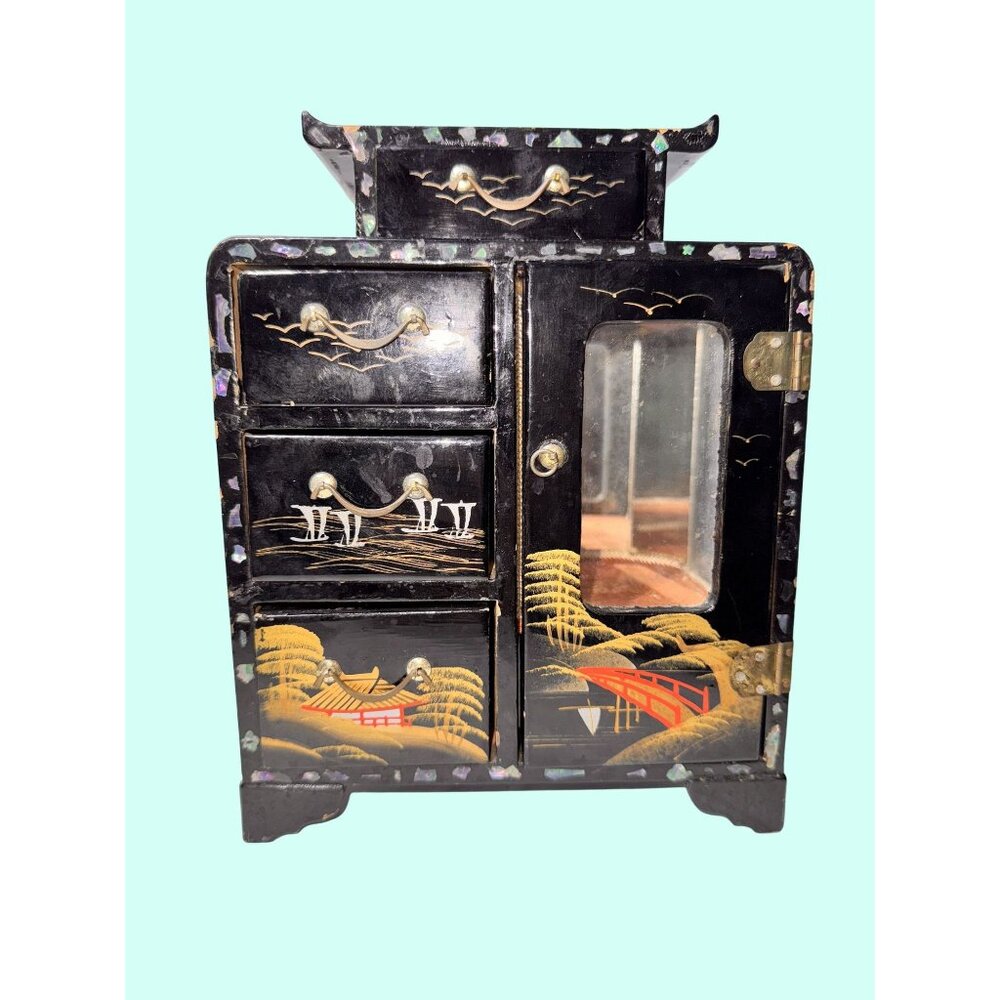 Vintage Asian-Inspired Black Jewelry Box With Hand-Painted Design & Mirror